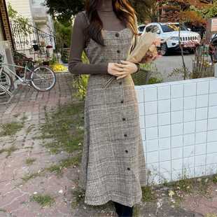 Autumn and Winter Korean-style plus size Women's Plaid Coarse Textile Tweed Strap dress Slim-fit Single-breasted Strap Base Skirt Thick
