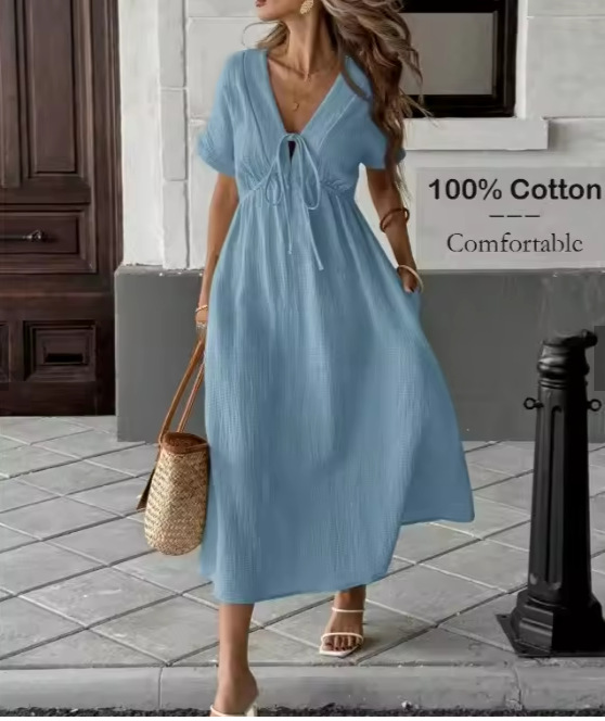Elegant V-Neck Flowy Midi Dress - Soft Cotton Summer Dress For Women, Comfortable Loose Fit Casual & Office Wear (Available In 8 Colors)_ecoleips.com