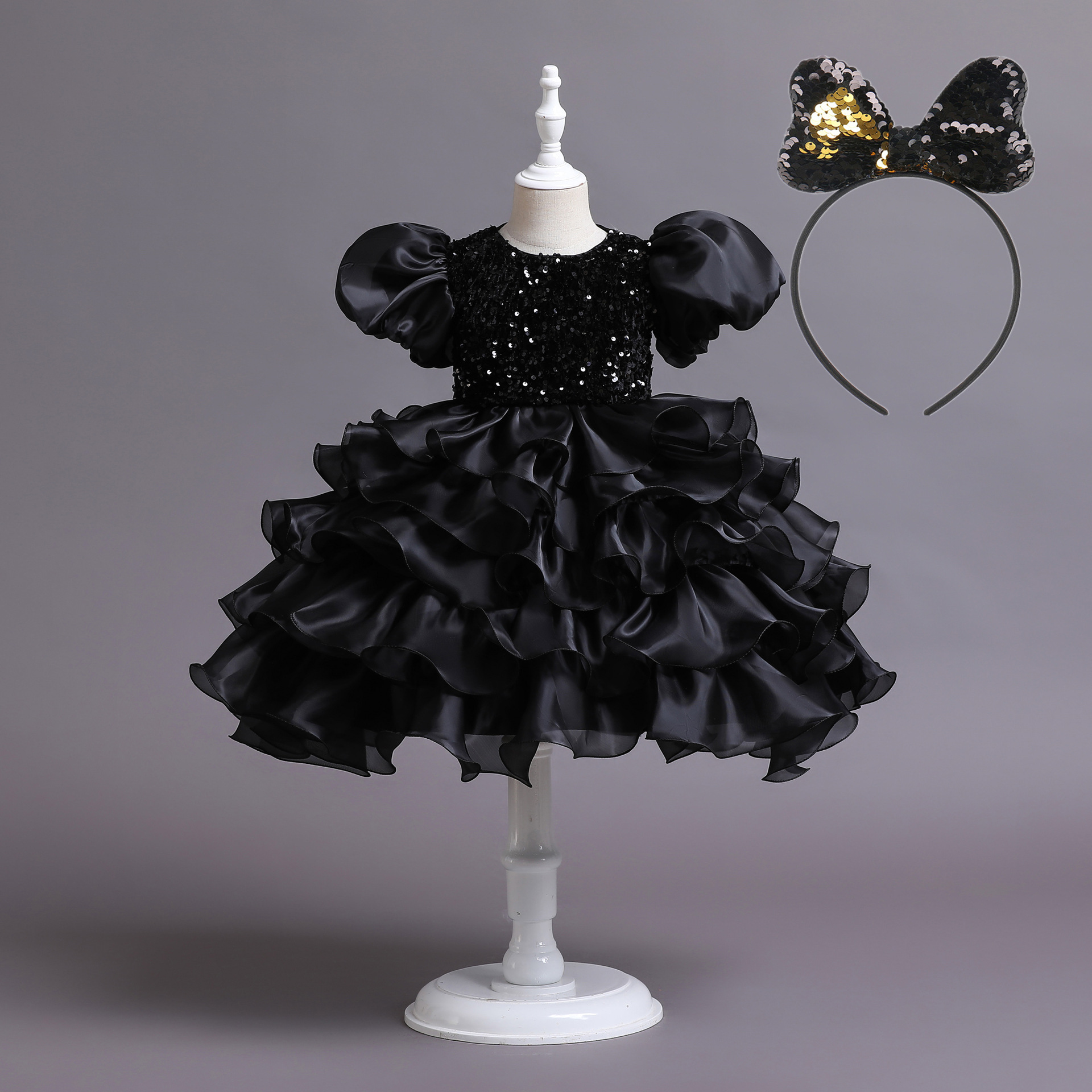 thumbnail image 5 of Vestido de princesa con mangas abullonadas y lentejuelas para niños, vestido de boda, pasarela, disfraz de presentadora, 5 of 6