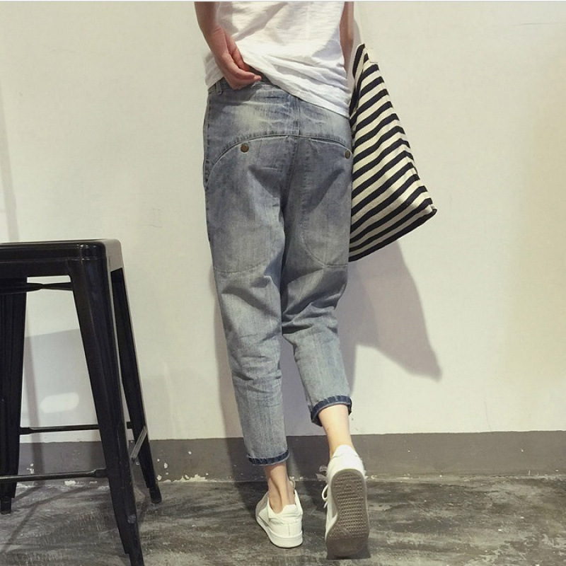 Autumn plus size distressed jeans female student baggy pants fat girl loose slim harem pants chubby girl cropped pants new