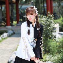 樣衣 中國風新中式漢服女秋新款黑白拼色上衣復古喇叭袖套裝女裝