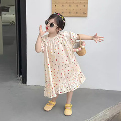童裝女童連衣裙2024夏裝裙子女孩甜美滿印彩色波點短袖純棉公主裙