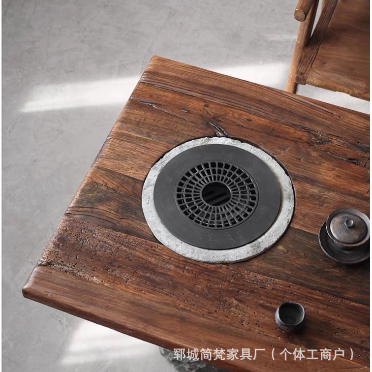 北方老榆木茶桌长方形围炉煮茶桌家用实木炭火炉烧水壶茶几生态桌|undefined