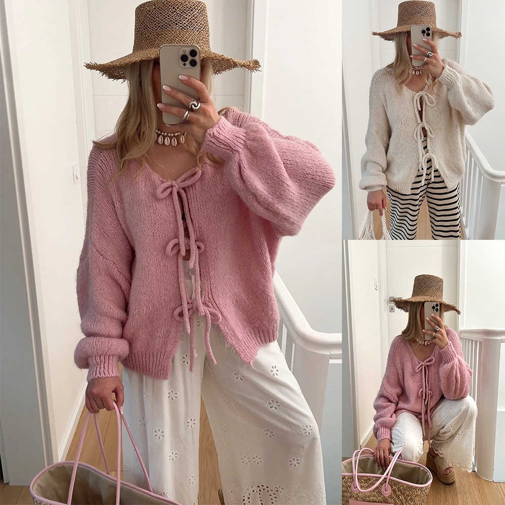 491g Weight Long Sleeve Sleeve Length Tie Placket Type Polyester Fabric Type Regular Top Length Cardigan, Sweater Tops Type Daily Occasion U Neck Neckline Loose Fit Type Solid Color Pattern Spring, Autumn Season Women's Gender Casual, Elegant Style Wholesale Women's Casual Elegant Solid Color Long Sleeve Sweaters & Cardigans 无