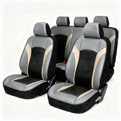 cross-border car seat cushion, single-person: Universal seat cover - gray-and-beige-wings-nine-piece-set