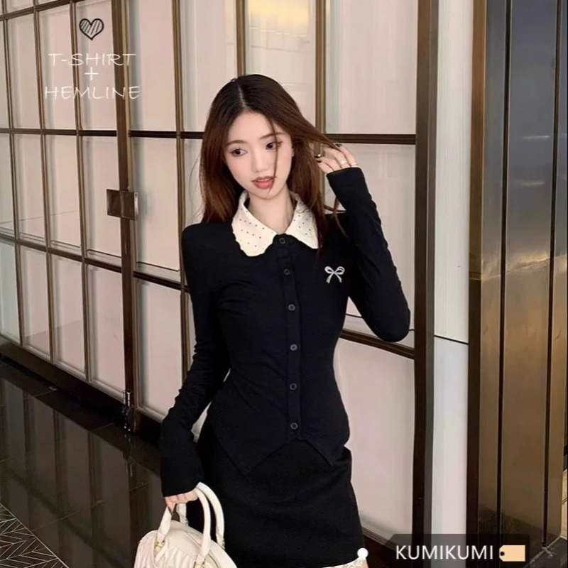 法式气质套装长袖翻领黑色T恤女装春季高腰半身裙两件套|undefined