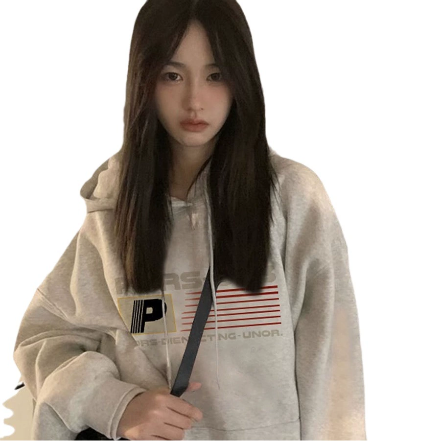 Серый свитер на флисовой подкладке в Корейском стиле с буквенным принтом для студенток, Осень-зима, Новый Свободный пуловер с капюшоном, женское Верхнее пальто