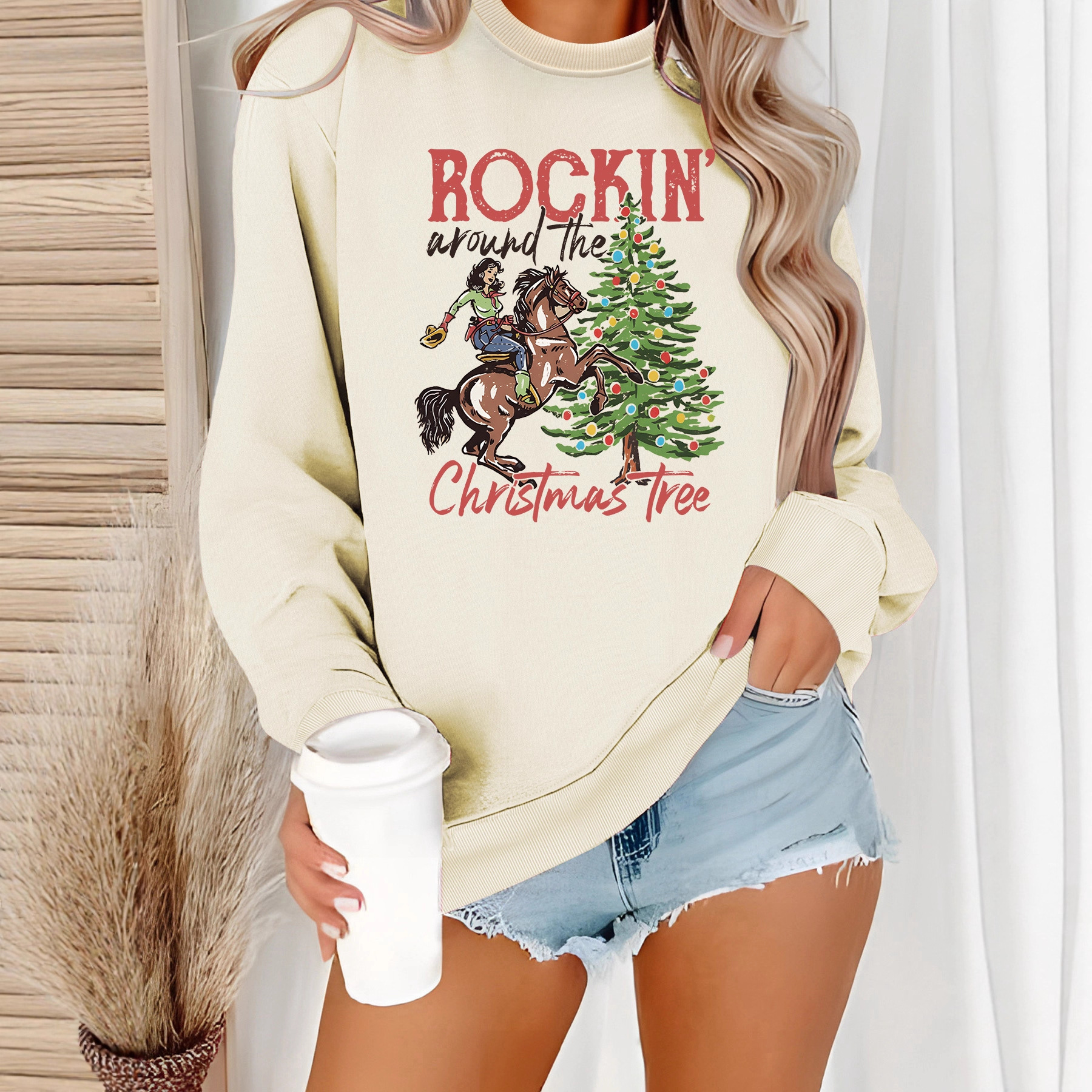 Amazon Cross-Border Foreign Trade Christmas Printed Fashion Bottoming Long-Sleeved Sweatshirt Wholesale Sweatshirt for Women
