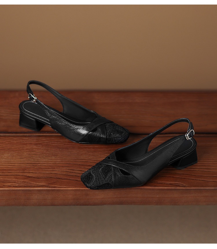 Sandal cao gót nữ hở mũi da cừu lưới phối màu quai ngang khóa — màu đen, màu trắng ngà chi tiết 22