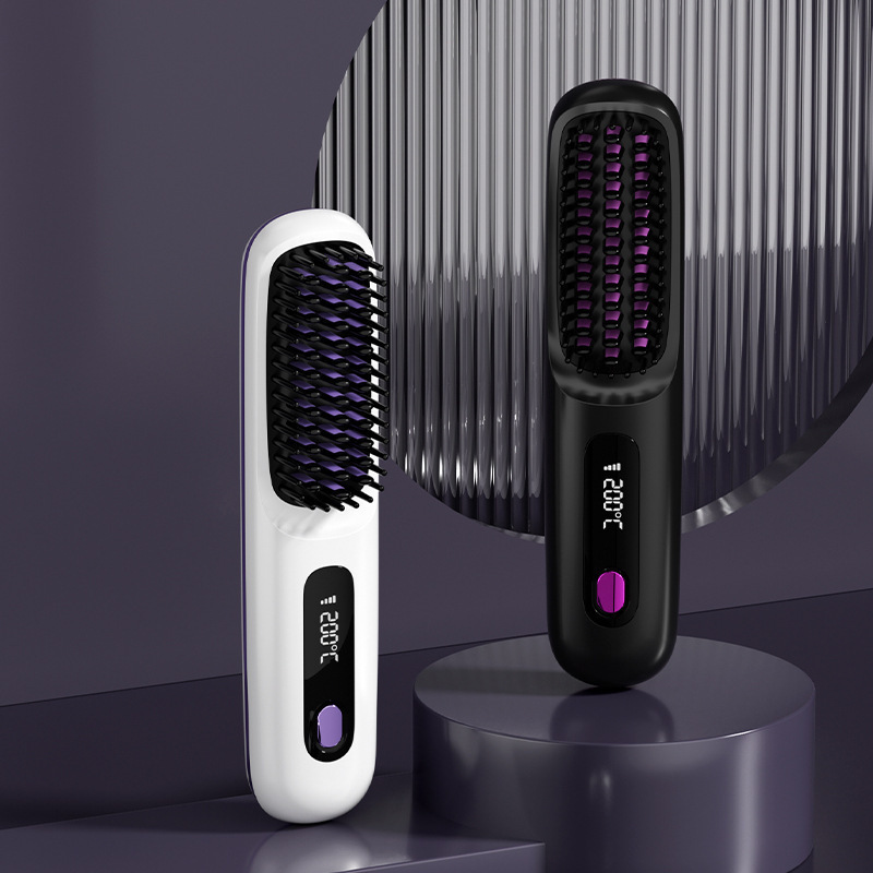 新しい LCD USB 充電式セラミック加熱電気コームヘアアイロンワイヤレスポータブルヘアストレートコーム 3 温度調整|undefined
