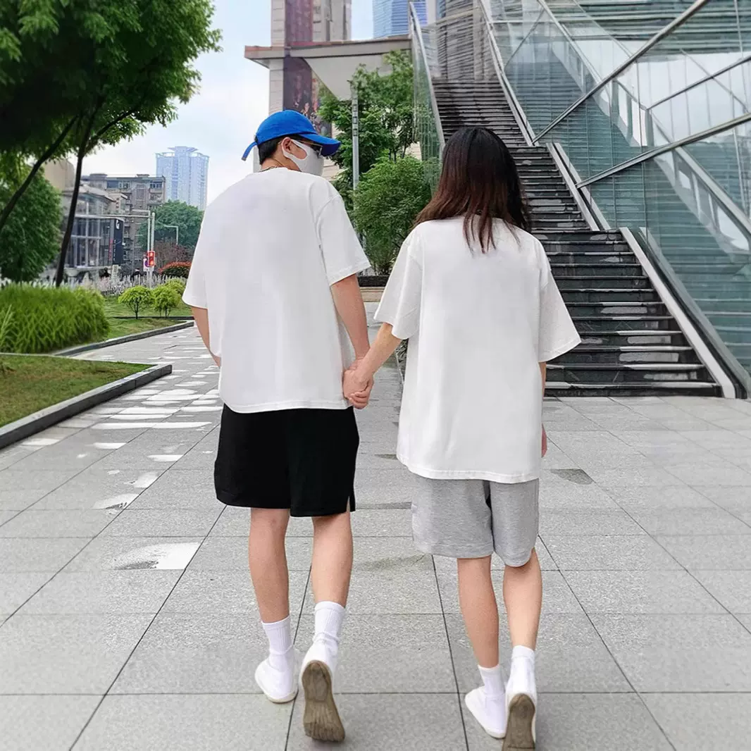 白色重磅纯棉t恤男女同款夏季圆领短袖情侣装纯色内搭打底上衣女