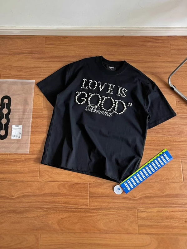 オリジナル品質のGOODビーズクラフトスローガンLOVEカジュアルベーシック多用途ルーズ半袖Tシャツ男性と女性用|undefined