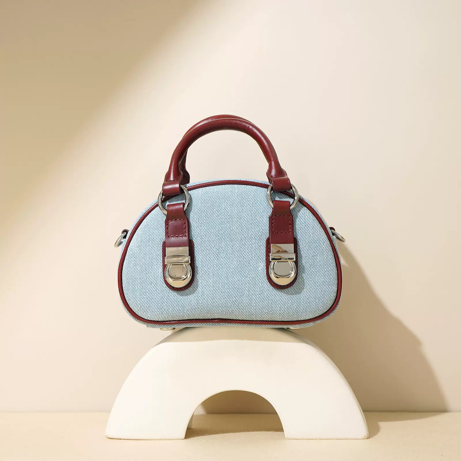 头层牛皮配牛仔布馒头包高级感拉链复古单肩斜挎包迷你小手提包