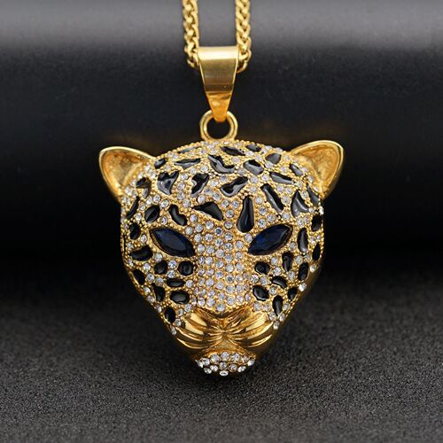 European and American trendy brand HIPHOP accessories, stainless steel extra large, gold-plated full diamond red, green, blue eye leopard head pendant