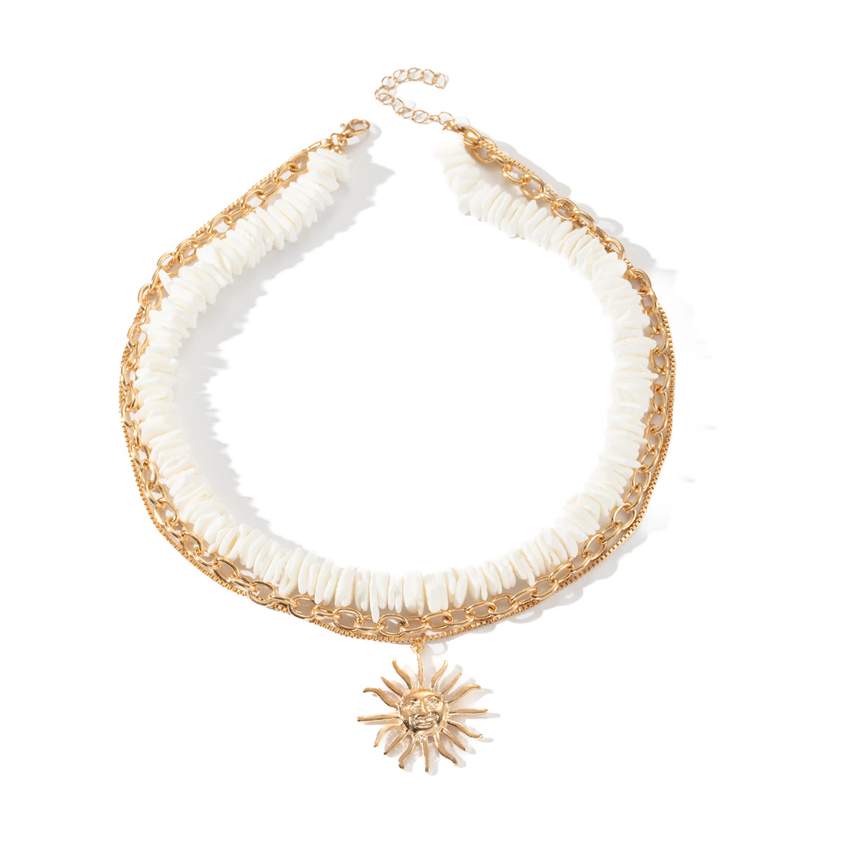 Natural Shell Layered Necklace With Sun Pendant For Vacation_voghion.com
