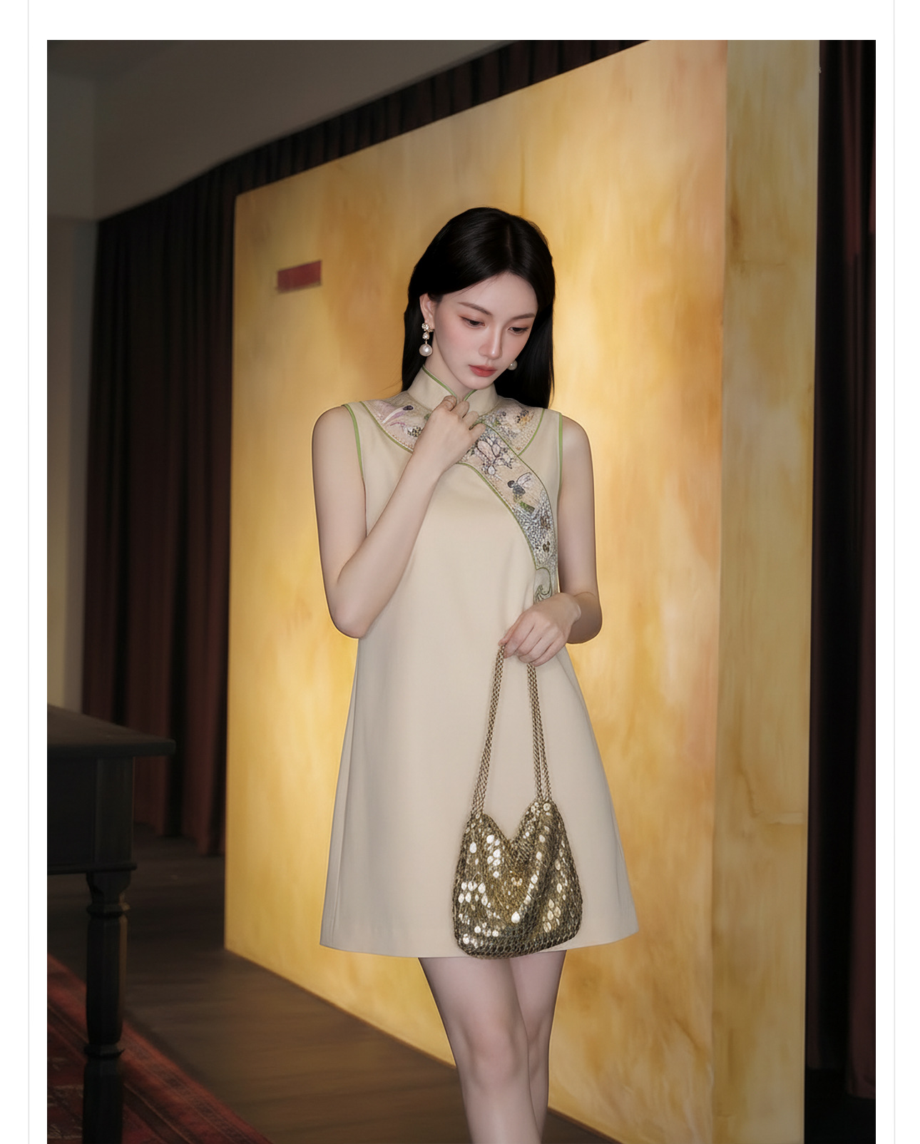 Đầm suông nữ midi phong cách quốc phong, tay không, thêu họa tiết — màu mơ chi tiết 3