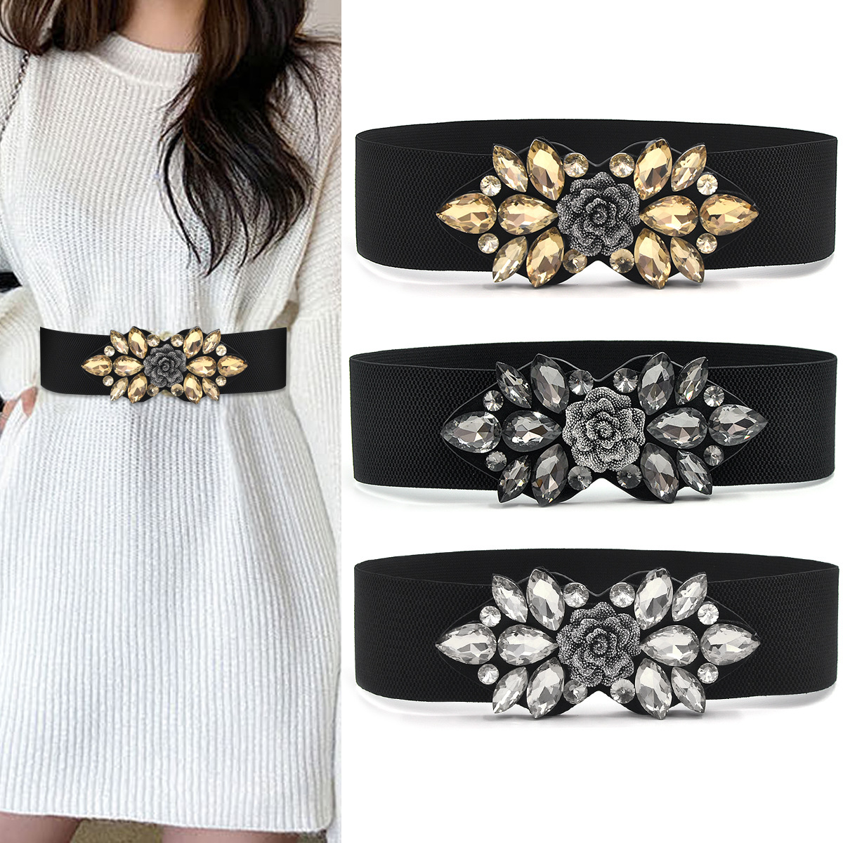 Nuevo de alta gama rhinestone elástico cintura sello clásico elegante cintura apretado cinturón de cintura con abrigo todo partido cinturón ancho