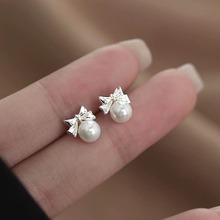 S999纯银新款清新甜美蝴蝶结珍珠螺丝耳钉女小巧精致耳饰品送女友