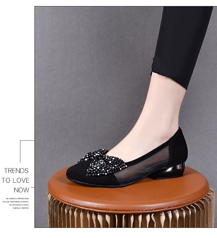 Sandal nữ đế bệt da thật mũi tròn gót vuông quai chữ V nơ bướm thoáng khí — Màu đen chi tiết 16