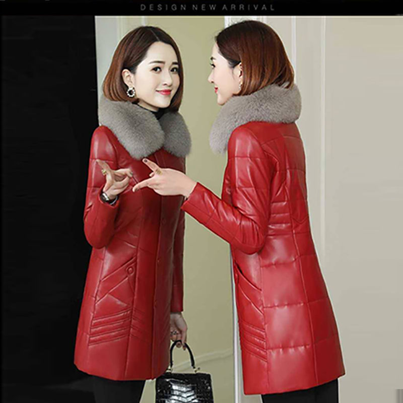 2025 New Korean Style PU Cotton Leather Women's Mid-length Thickened Faux Fur Collar Down Coat Cotton Mother's Coat