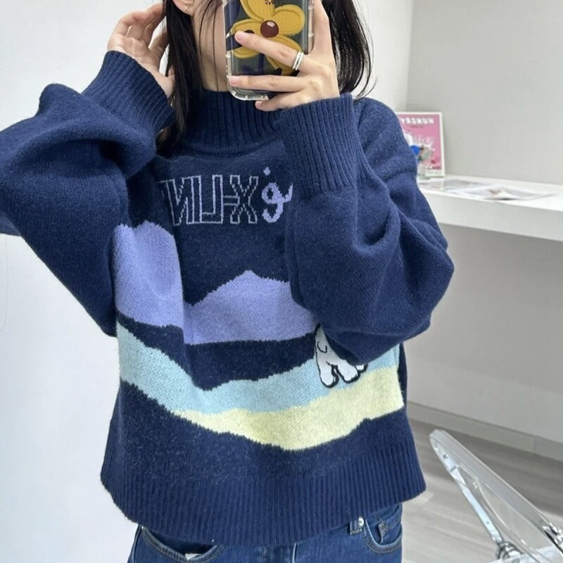 ------------ BB1213B real shot! Color matching snow mountain polar bear embroidered half turtleneck loose sweater