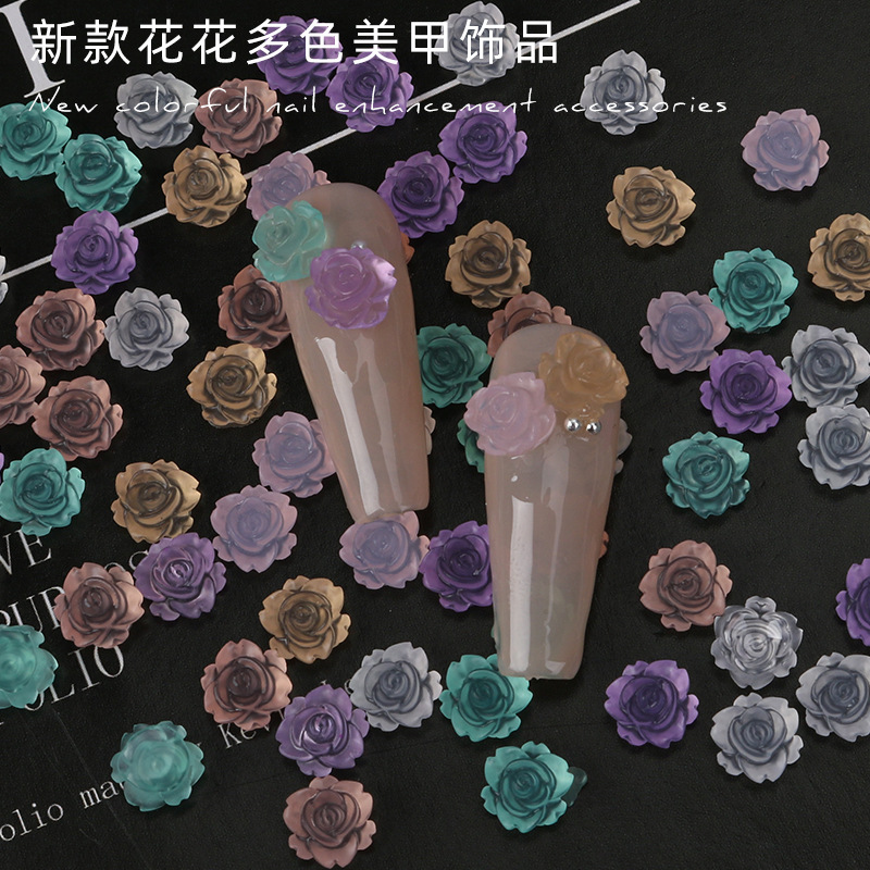 Simple Camellia Nail Jewelry Wholesale Three-dimensional Matte Glass Color Rose Resin Nail Decoration Sticker Diamond