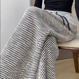 条纹阔腿裤女士秋冬2025新款高腰垂感直筒宽松小个子休闲运动裤子
