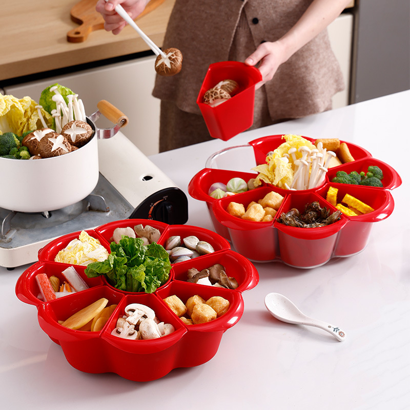 Right-Angle Storage Box Kitchen Multifunctional Hot Pot Serving Tray with Rotatable Compartments for Draining and Storing Side Dishes, Fruit Tray
