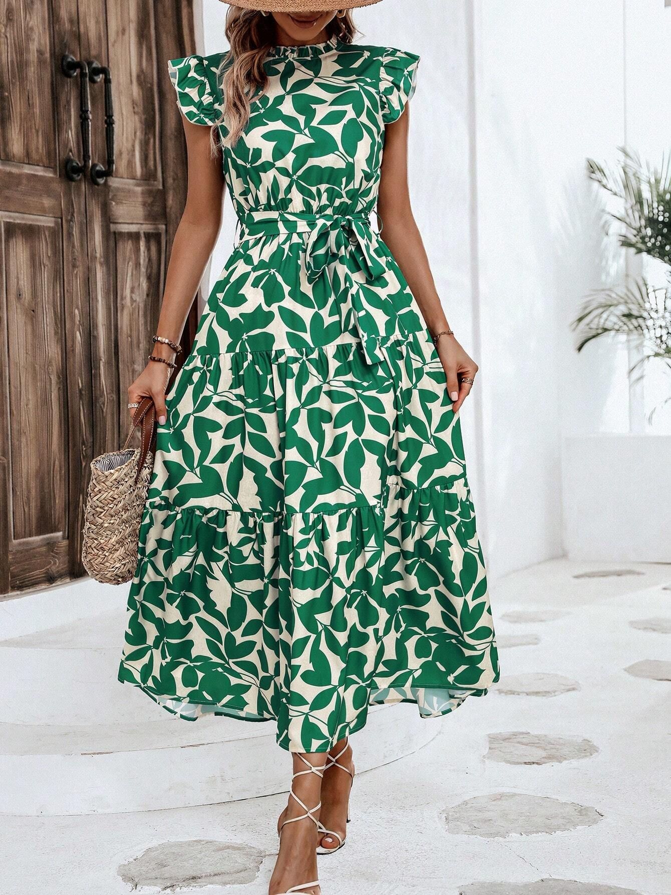 350g Weight Midi Dress Dress Length Type Sleeveless Sleeve Length Swing Dress Dresses Type Flounce Sleeve Sleeve Type Polyester Fabric Type High Waist Waist Line Holiday, Daily Occasion Standing Collar Neckline Slim Fit Type Leaf Pattern Summer Season Women's Gender Printing Design Elegant, Streetwear Style Wholesale Women's Elegant Streetwear Printing Leaf Holiday Daily Standing Collar Sleeveless Swing Dress 19