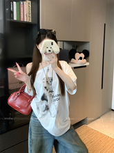 斜肩短袖T恤女夏新款小狗印花洋气小衫韩系宽松显瘦百搭露肩上衣