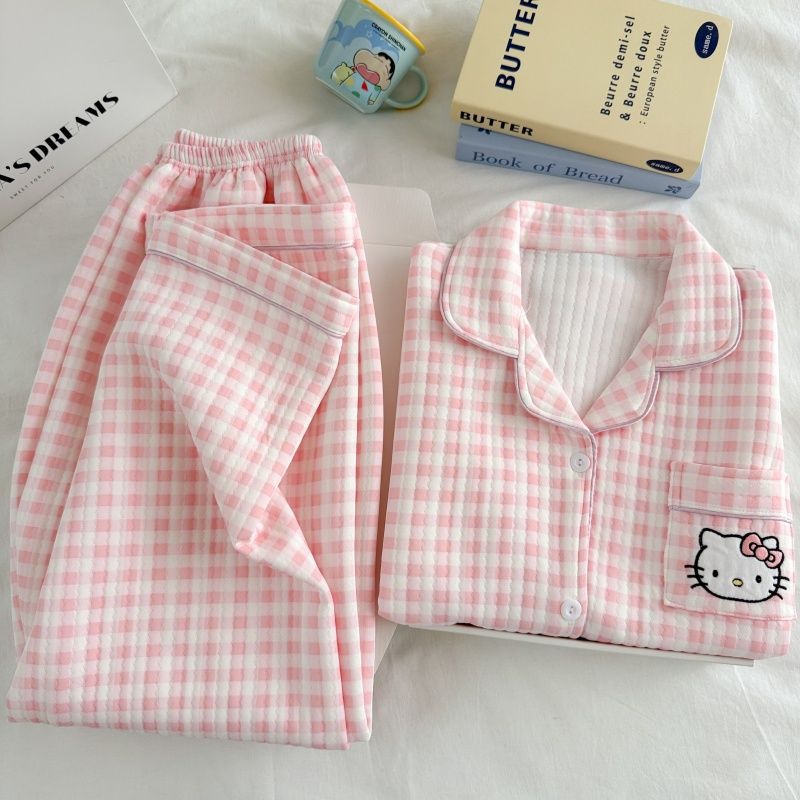 Algodón de aire al por mayor transfronterizo pijama intercalado de mujeres otoño invierno calentamiento algodón intercalado grueso cardigan dulce ropa de casa a cuadros