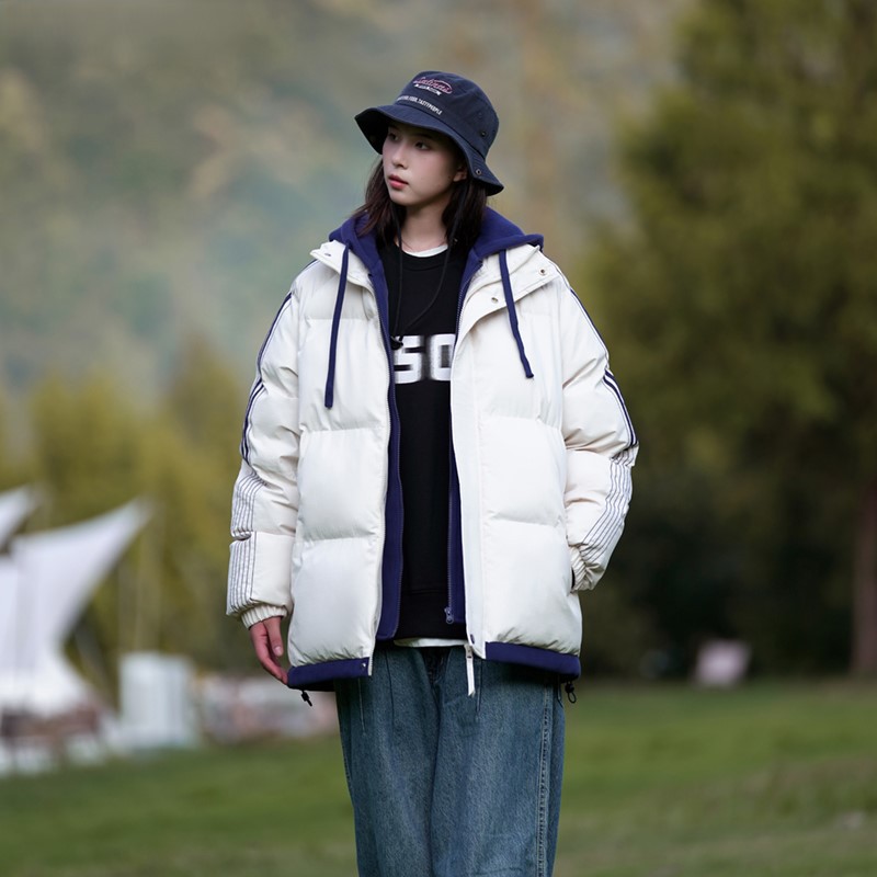 2025 invierno nuevo estilo coreano falso de dos piezas de punto con capuzas de pluma de algodón grueso ropa de pareja de invierno chaqueta de tendencia image 11