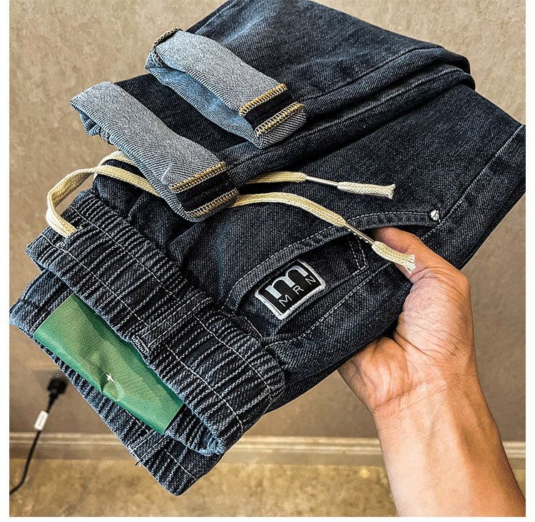 High end jeans for men in 2023, new Korean version trendy and fashionable, versatile, elastic waist drawstring tied_voghion.com