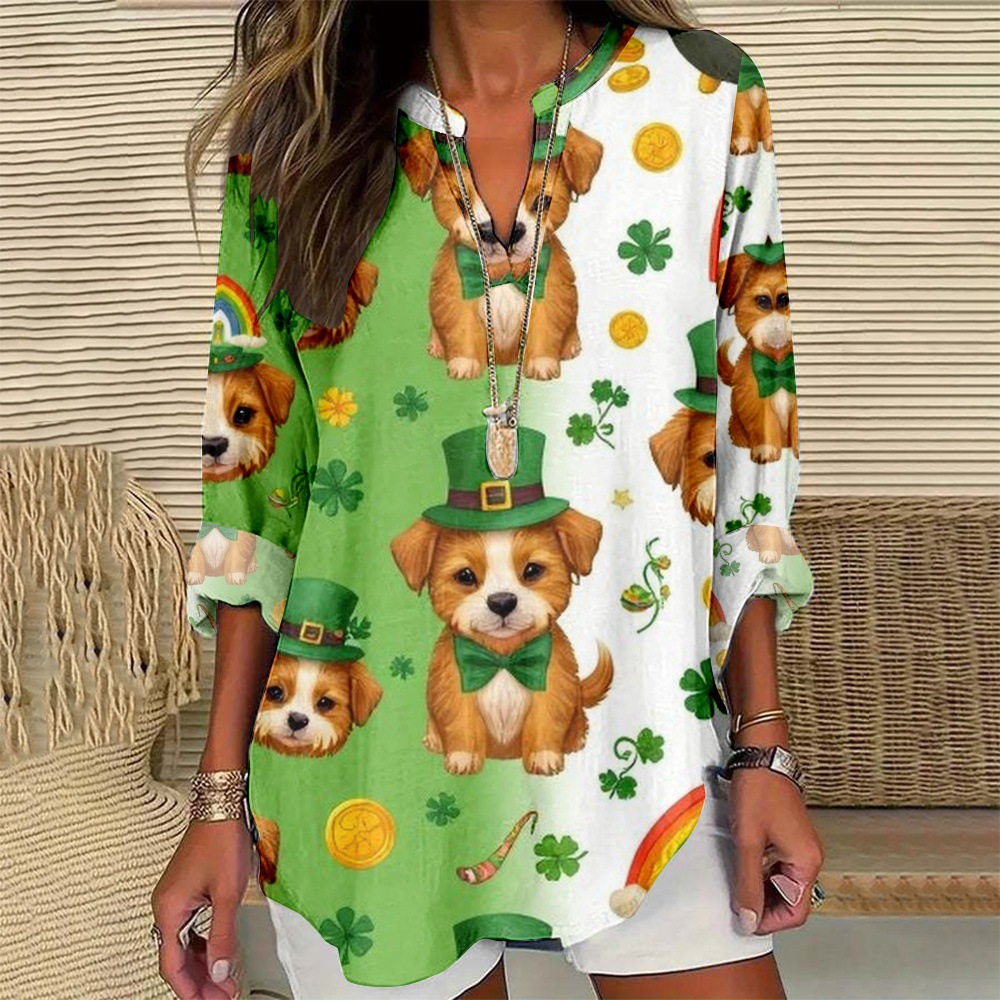 2025独立站大码女装夏季小V领长袖抽象碎花简约休闲气质T恤长袖