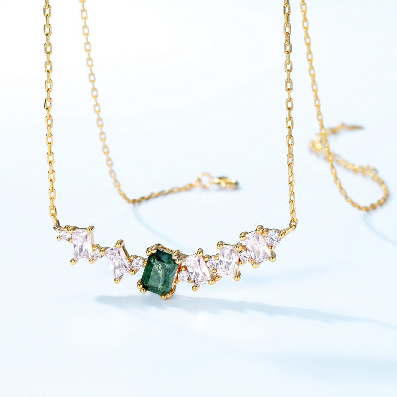 Transfronterizo personalizado al por mayor S925 plata verde musgo piedra collar mujer agua hierba ágata cadena de clavícula luz lujo estilo europeo y americano