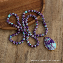 时尚波西米亚风8mm串珠打结项链切面帝王石水滴吊坠项链毛衣链