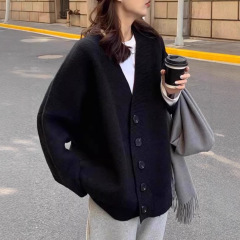 黑色毛衣外套女大码2025加厚外穿复古中长款慵懒宽松v领针织开衫