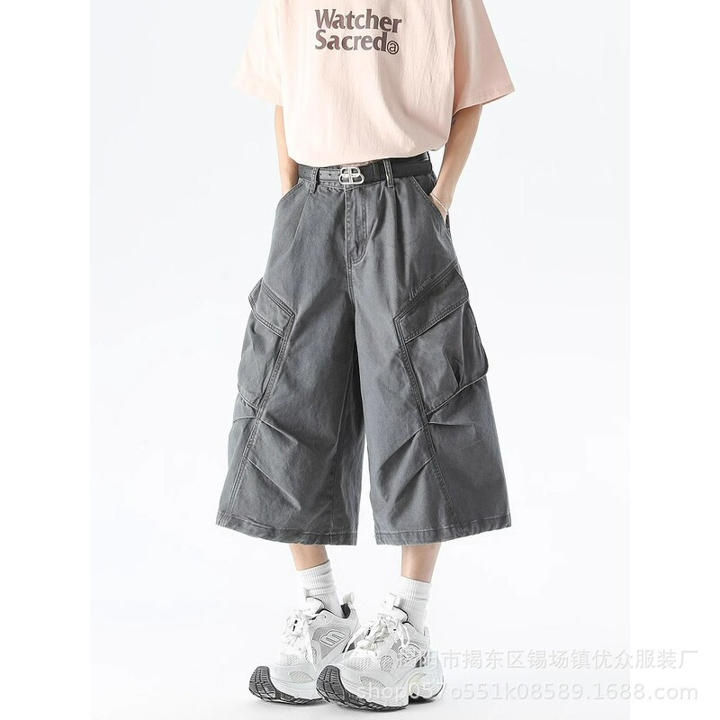 Brown Cargo Shorts Men's Summer 2025 New American Style Pleated Niche Design Wide-Leg Eight-Point Pants