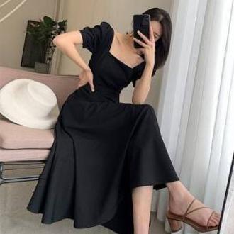 Dress 2024 new summer ins tea break dress temperament one-line collar knee-length Hepburn style fat mm little black dress