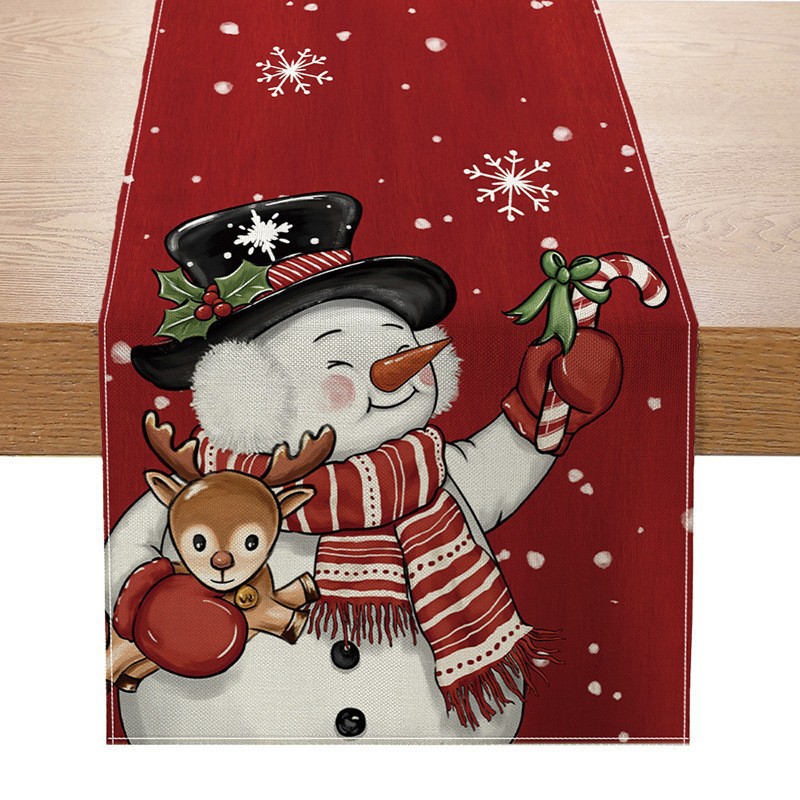 Camino de mesa navideño con estampado de muñeco de nieve y Santa