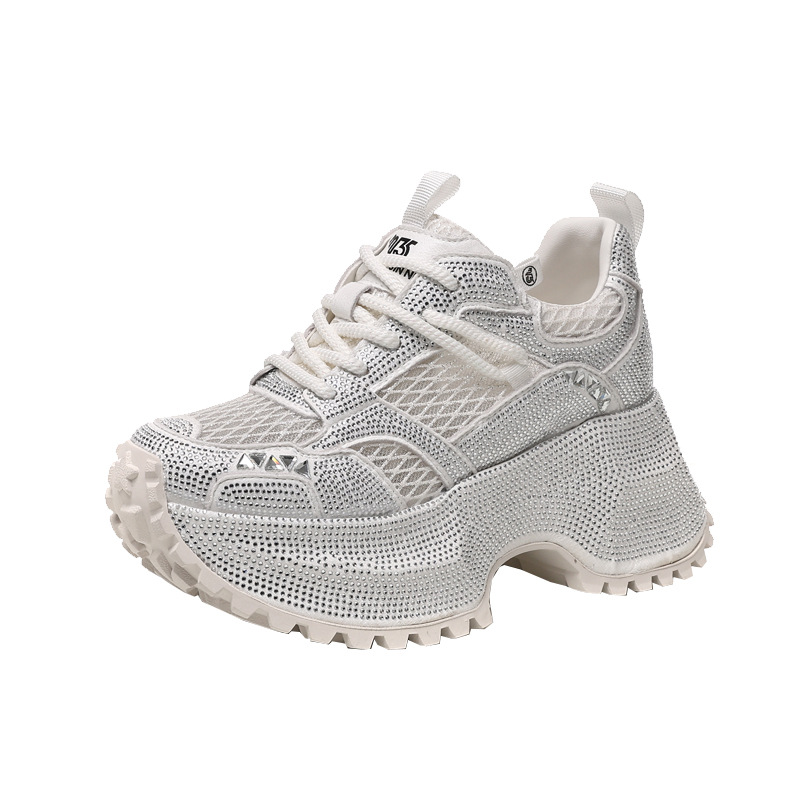 Giày sneaker nữ đế dày phối đá đính đầy mặt lưới thoáng khí — Xám bạc
