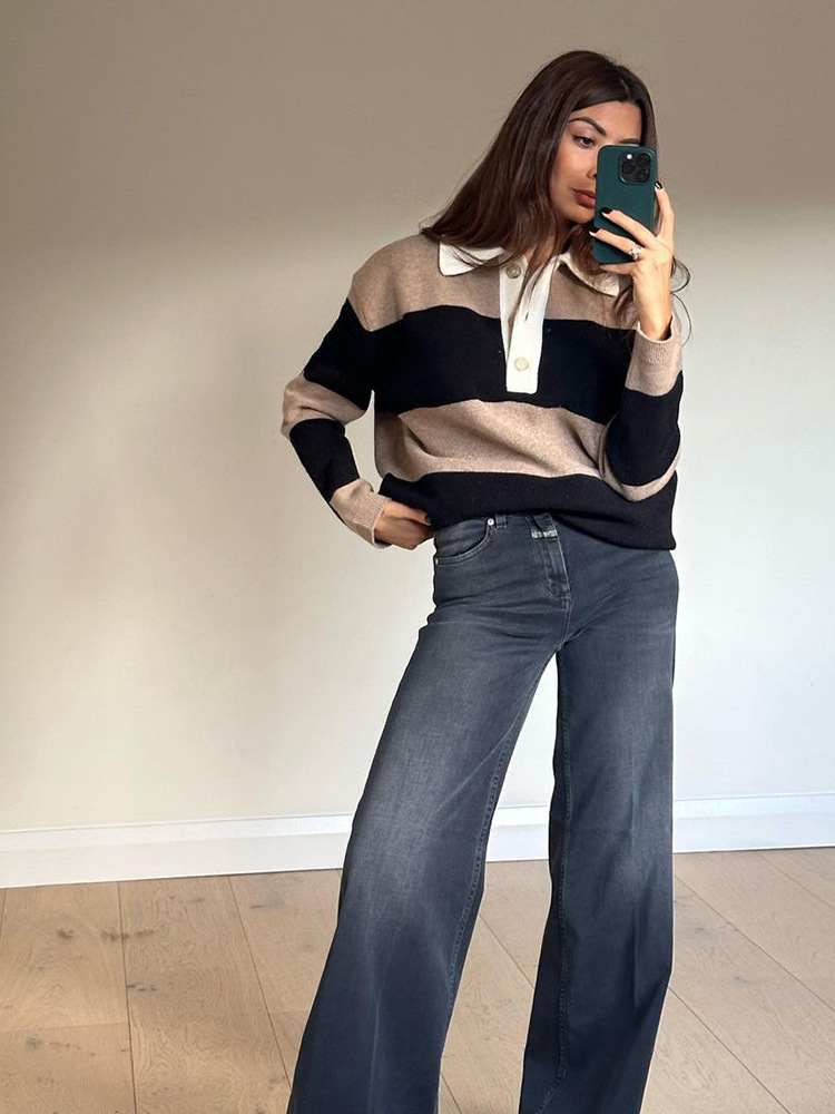 Coreano simple ocio viento suelto con solapa empalmado suéter para mujeres 2025 otoño y invierno nuevo estilo transfronterizo europeo y americano image 5