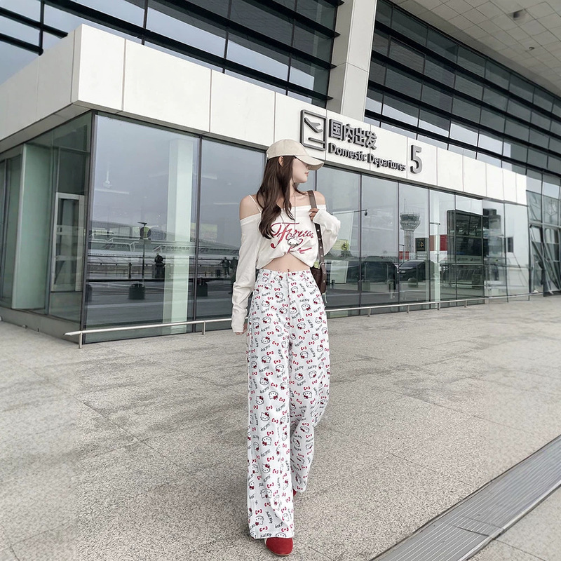Cute Cartoon Summer High-Waisted Slimming Jeans for Women, Wide-Leg Loose Straight Pants, White Denim Pants for Women