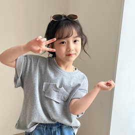 2023夏装新款韩版女童短袖贴片灰色T恤洋气儿童休闲圆领上衣A343