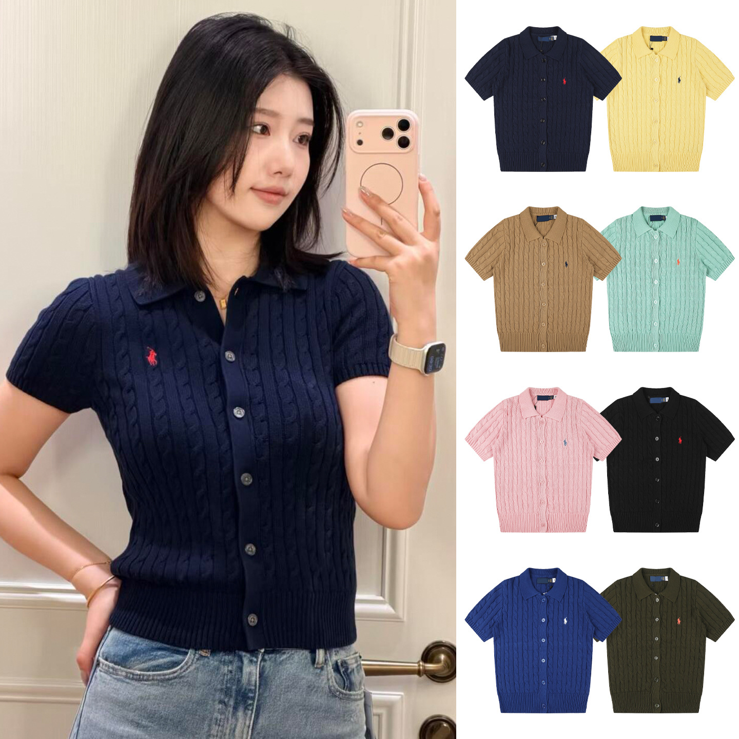 Cross-border AMI26 early spring new style pony embroidery pure cotton lapel cotton linen cardigan short sleeve top for women