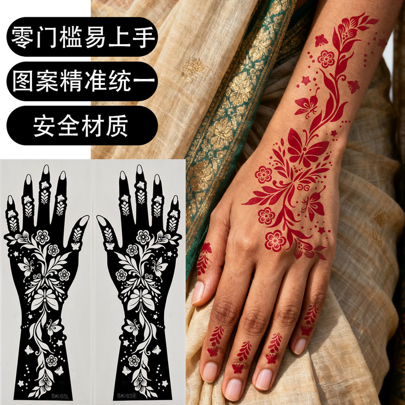 Cross-Border Hot-Selling Henna Hand Tattoo Template Stickers Waterproof Fake Tattoo Indian Design Art Temporary Tattoo