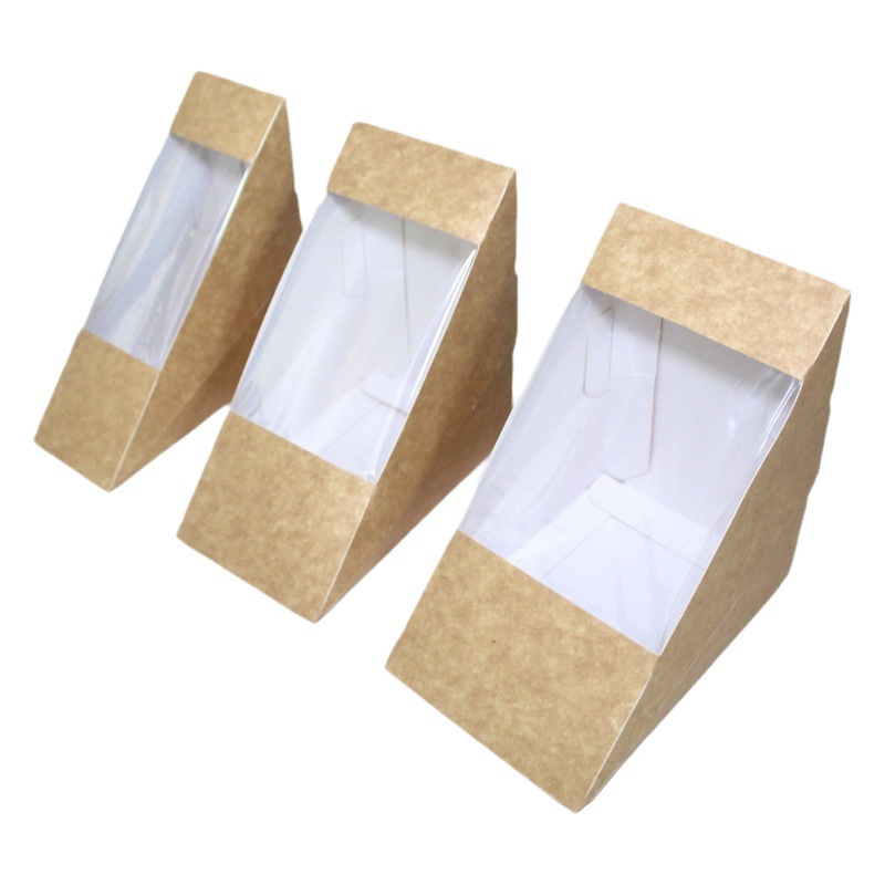 Caja de embalaje desechable para sándwiches de papel kraft EUDR a prueba de aceite, caja de embalaje para hamburguesas y bolas de arroz, caja triangular para sándwiches image 1
