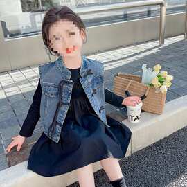 女童牛仔马甲连衣裙套装新中式春秋款儿童韩系公主裙子宝宝春装潮