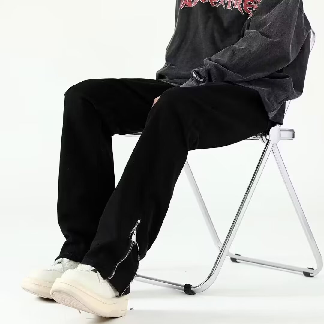 Pantalones estilo vibe americano, pantalones vaqueros negros rotos de la marea de la calle alta, pantalones cortos con cremallera dividida de estilo fino de verano para hombre