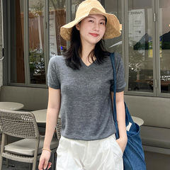 2025秋季新款V领轻薄宽松短袖女针织衫百搭舒适内搭外穿上衣女